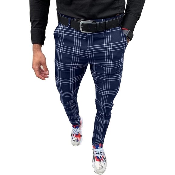 🆕 Men Blue Fashion Stretch Dress Slim Fit Plaid Business Suit Pants Casual Golf - Picture 1 of 3